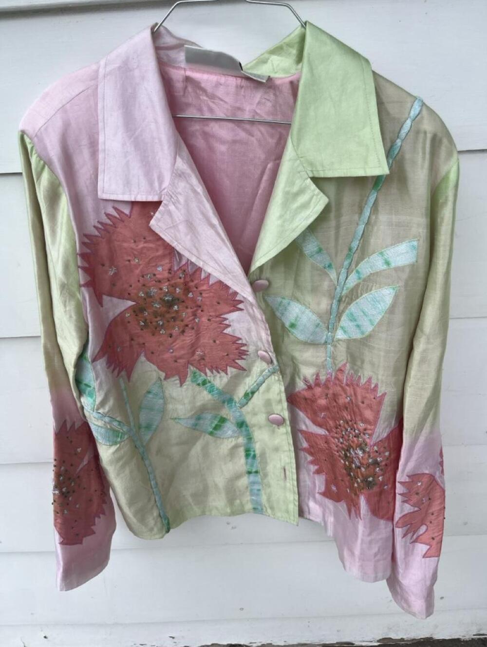 Vintage 90s Silk Floral Beaded Artwear Blazer Jacket Size 16